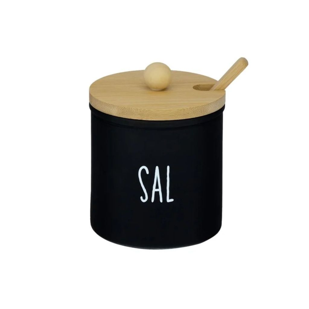 Saleiro de Vidro Preto Com Palavra Sal com Colher e Tampa de Bambu